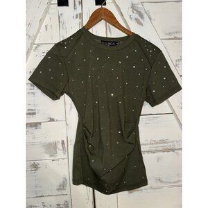 NEW Balboa Fashion Rhinestone Top Olive Green Silver Small Sexy Ruched Fitted